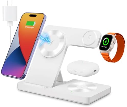 Revolutionary 3-in-1 Magnetic Wireless Charging Station for Mag Safe i Phone 12-16 Series, Effortless Charging Hub for Apple Watch (Series 2-10, Ultra, SE) & Air Pods (3, 2, Pro) – Rapid Charge Technology, Space-Saving Design, Ultimate Device Compatibility and Durability