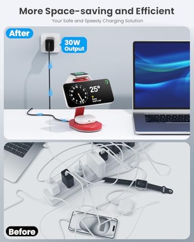 Ultimate 3-in-1 Wireless Charging Station for i Phone, Apple Watch, and Air Pods – Qi2 Certified 15 W Magnetic Charger with 30 W USB-C Adapter & Integrated Night Light – Streamlined Design for i Phone 16/15/14/13/12 – Superior Speed and Enhanced Compatibility for Modern Tech Users