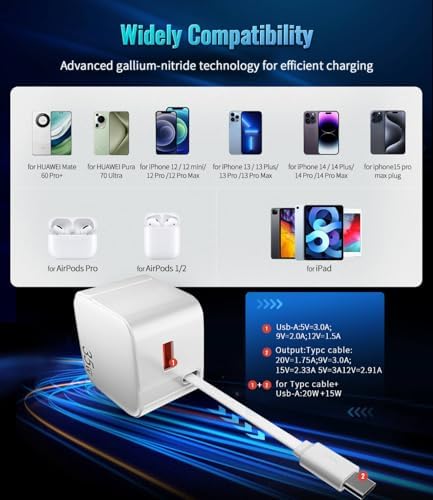 Rapid Charge 35 W Retractable Wall Charger with Built-In Cables – Cutting-Edge Gallium Nitride Technology for Swift Power Delivery to i Phone 14/13/12/11 Pro MAX/XR/XS/8/7 & i Pad – Compact & Travel-Friendly Design for Seamless Charging at Home, Office, or On-the-Go – Tangle-Free Convenience