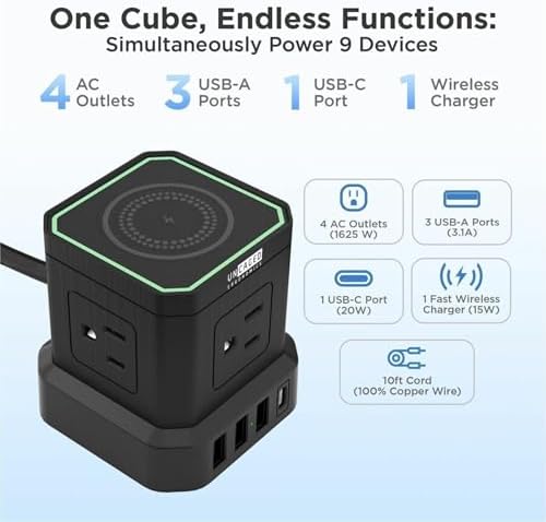 Revolutionize Your Charging Setup with the Uncaged Ergonomics 10 ft Wireless Cube Charger & Power Strip – Featuring 4 AC Outlets, 3 USB Ports Including 1 C Fast Charger, Surge Protection, and an On/Off Switch for Ultimate Device Management and Safety