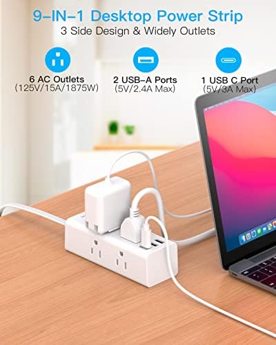 5 Ft Versatile Power Strip with 6 AC Outlets & 3 USB Ports, including USB-C – Compact Flat Plug Extension Cord for Efficient Charging in Dorm Rooms, Travel, and Home Offices – Surge Protector for Enhanced Device Safety and Connectivity