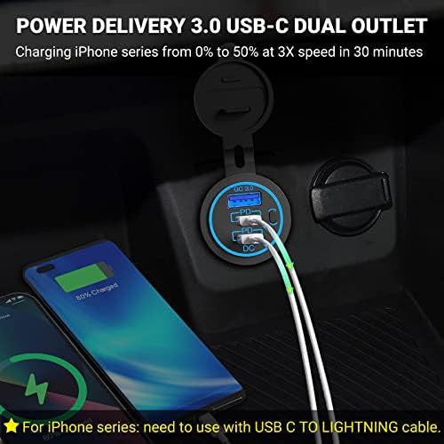Fast Charging USB C Car Charger Socket 12 V – Dual 30 W PD & 18 W QC3.0 Waterproof Outlet for RV, Marine, Truck & Motorcycle – Compact Design with Button Switch for Ultimate Power Control & Enhanced Device Compatibility