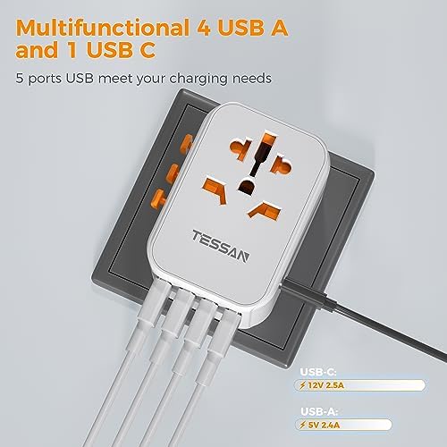 TESSAN 100 W Ga N Travel Adapter with 5 USB Ports – Universal Power Converter for Global Charging in 200+ Countries, Fast Charging Solution for Laptops, Smartphones & Tablets – Compact & Lightweight Design for Effortless Portability