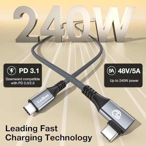 Revolutionize Your Charging and Data Transfer with Use Bean 240 W USB C to USB C Cable – 10 FT Dual Pack, Featuring 20 Gbps High-Speed Connectivity, Right-Angle Design for Effortless Access, and 4 K Video Output Compatibility for i Phone 15 Pro Max, Galaxy S24/S23, Mac Book, and i Pad Pro Air – Built for Durability and Flexibility to Enhance Your Everyday Tech Experience