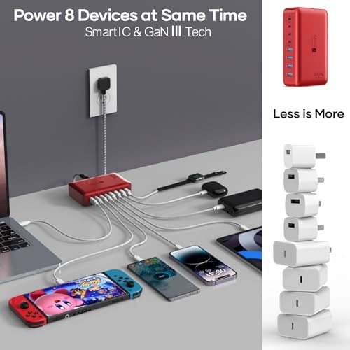 Transform Your Charging Routine with the 200 W 8-Port Fast Charging Hub – Multi-Device USB Station Featuring 65 W Laptop Adapter, Space-Saving Flat Plug, Durable Braided Cable, and User-Friendly On/Off Power Control for Optimal Performance and Safety
