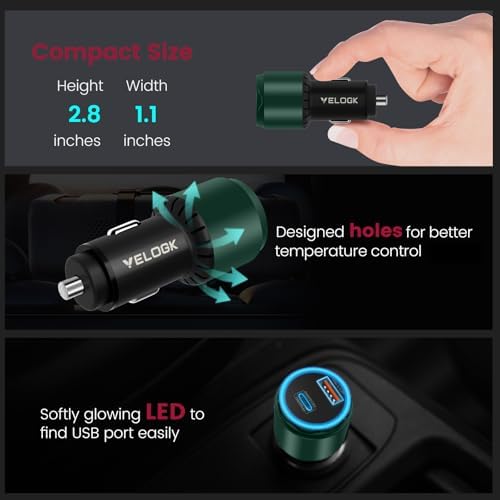 VELOGK 73 W Turbo USB-C Car Charger – Ultra-Fast Adaptive 55 W & 45 W PPS/PD & QC3.0 Adapter for Samsung Galaxy S25/S24/S23/S22+/S21/S20 & i Pad Pro – Compact Green Design with Advanced Safety Features for Rapid On-the-Go Charging