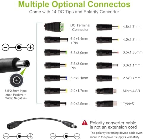 Versatile 72 W Adjustable AC/DC Power Adapter with 14 Interchangeable Tips – Universal Charger for 3 V-24 V Devices, Fast Charging Solution for Laptops, Routers, and Cameras, Compact and Durable Power Supply for Home and Office Use