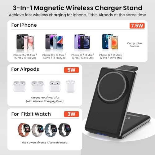 GEEKERA 3-in-1 Foldable Magnetic Wireless Charging Station – Ultimate Charging Hub for Fitbit Watches, i Phone 16/15/14/13/12 Pro Max & Air Pods – Portable Design with Rapid Charging & Magnetic Alignment for Effortless Device Management