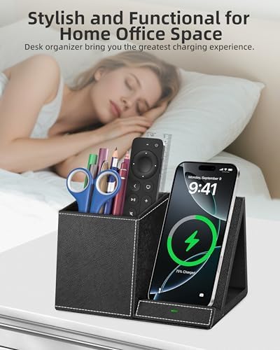 Multi-Functional Desk Organizer with Wireless Charging, Digital Thermometer & Humidity Monitor – Stylish Brown Pen Holder for Home Office Efficiency and Clutter-Free Workspace
