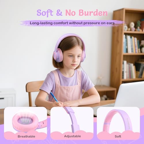 Comfortable Pink Headphones for Kids with Microphone – Safe Listening Technology at 85/94 d B, Foldable & Portable for School and Travel, Includes Stylish Carrying Case – Ideal for Young Girls Who Love Music and Learning