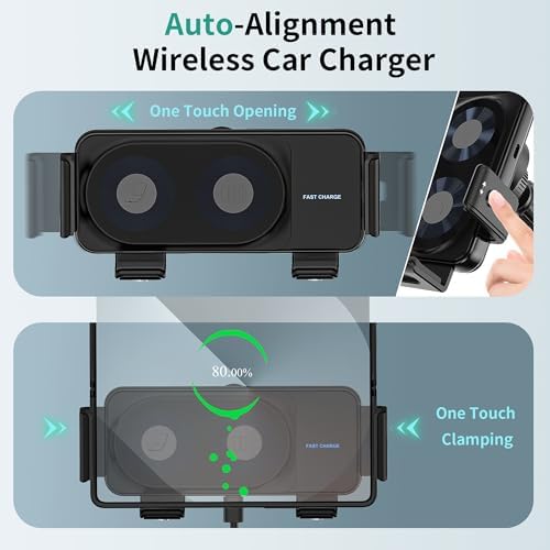 Revolutionary 15 W Wireless Car Charger Mount with Dual Coil Technology – Effortless One-Touch Rotation for Optimal Smartphone Access – Compatible with Samsung Galaxy Z Fold Series, Z Flip, S Series (S25/S24/S23/S22) & i Phone Models – Includes Car Charger for Enhanced Convenience and Safety on the Road