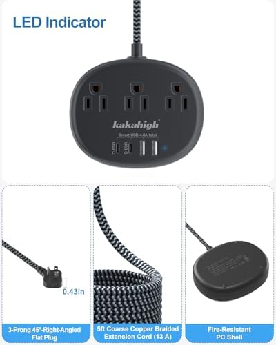 Stylish Brown Extension Cord with 1080 J Surge Protection – 5 FT Flat Braided Design Featuring 3 AC Outlets & 4 USB Ports (24 W/4.8 A) for Fast Charging – Ideal Tan Desk Accessory for Powering Devices Safely & Efficiently