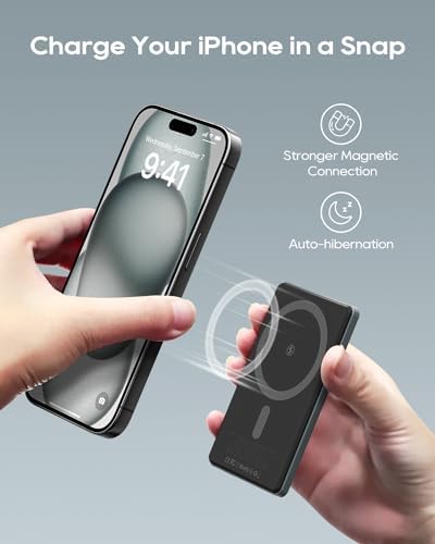 Ultra-Slim Kuulaa Mag Safe Battery Pack – 5,000 m Ah Power Bank for i Phone 15/14/13/12 Series – Magnetic Wireless Charger with PD 20 W Two-Way USB-C Fast Charging – Lightweight Grey Portable Power Solution for On-the-Go Charging