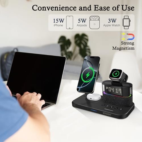 MONASAY Qi2 5-in-1 Wireless Charging Hub with Alarm Clock – 23 W Fast Charger for i Phone 16/15/14/13/12, Air Pods, and Apple Watch – Magnetic Stand for Optimal Device Alignment – Sleek Black Design for Home and Office Use – Ultimate Convenience and Speed in One Charging Solution