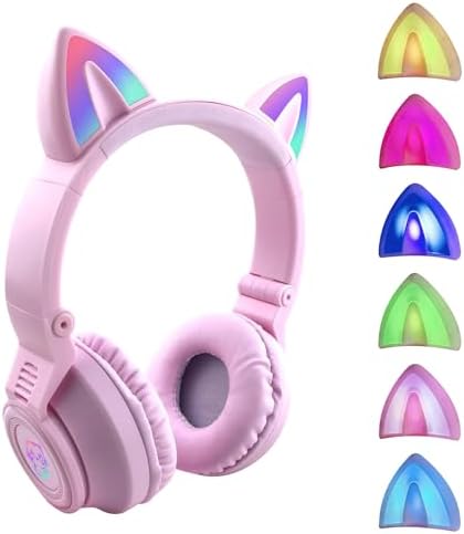 Charming Cat Ear Kids Bluetooth Headphones – Stylish Wireless On-Ear Design with Volume Limiter & LED Lights for Safe Listening – Compatible with Amazon Fire Tablets, Laptops, and More (Vibrant Pink) – Ideal for Toddlers and Young Music Lovers!