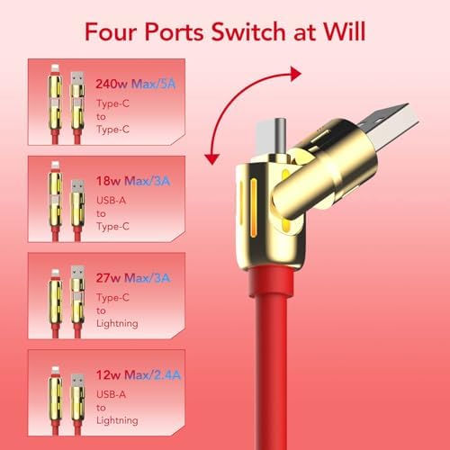 4-in-1 Universal Multi USB Charging Cable – 240W Max Fast Charger Cord with Multiple Connectors for iPhone 16/15/14/13, iPad, Samsung, MacBook, Tablets & More (Black, 6.6Ft) – Enhanced Compatibility and Speed