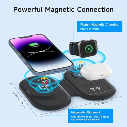 Efficient RELAXYO 3-in-1 Wireless Charging Station for i Phone 15-11, Apple Watch Series 9-4, and Air Pods 3/2/Pro – Fast, Compact Charger for Tech Enthusiasts & Travelers, Tidy Cable-Free Solution for Home and Office Use