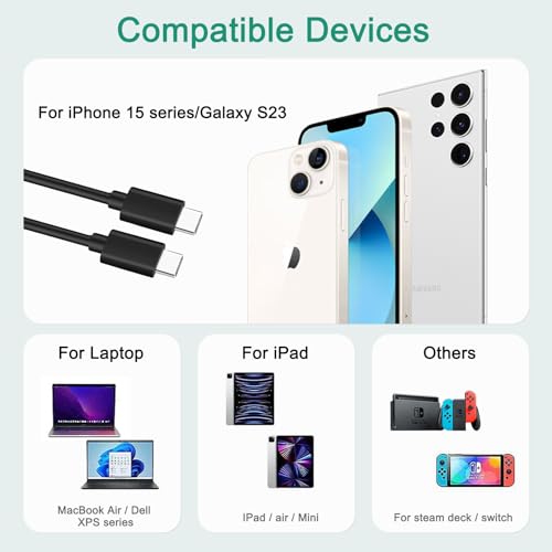 USB C to USB C Cable 2-Pack (1.8 m) – Fast Charging Type-C Charger for i Phone 15, Mac Book, i Pad & Android Devices – Enhanced Durability and Quick Data Transfer, Compatible with Nintendo Switch & More