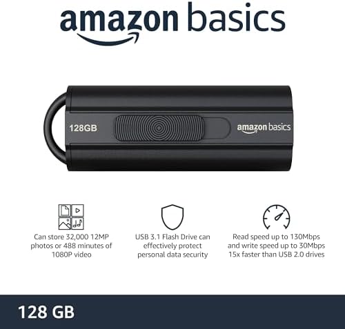 Ultra Fast 128 GB USB 3.1 Flash Drive – Amazon Basics High-Speed Data Storage Solution with Retractable Design for Effortless File Transfer and Maximum Compatibility