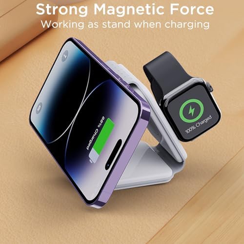 Ultimate 3-in-1 Mag Safe Charging Station for Apple Devices – Efficient Travel Wireless Charger for i Phone 15/14/13/12, Air Pods & Apple Watch in Sleek White Design for Seamless Compatibility and Fast Charging Experience