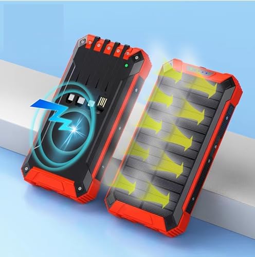 Ultimate Solar Power Bank – 10,000 m Ah Portable Charger with Fast Wireless Charging, 4 USB Ports, Built-in Cables, LED Flashlight & Carabiner – Waterproof Outdoor Essential for i Phone & Android Devices (Black/Red) – Empower Your Adventures!