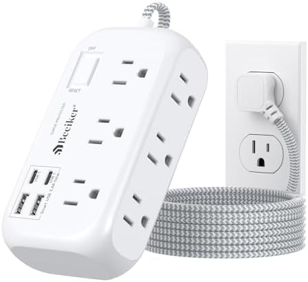 15 Ft USB Surge Protector Power Strip with 4 Fast-Charging Ports – Versatile 6-Outlet Desk Charging Station, Flat Plug & Wall Mount Design for Home Office, Dorm Room – Enhanced Durability & Convenience