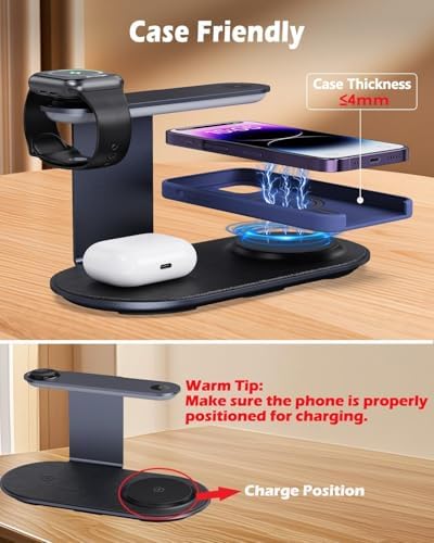 4-in-1 Wireless Charging Station with Adjustable LED Night Light – Fast Charging Dock for i Phone 12-16, Apple Watch Series 1-8/Ultra & Air Pods – Enhanced Safety Features, Seamless Magnetic Alignment, and Premium Metal Design for Home or Office Use