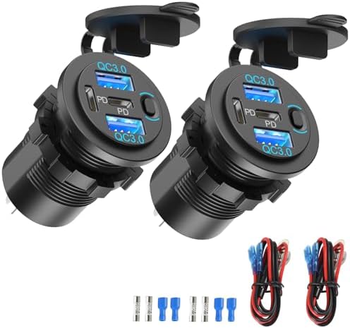 High-Speed 2 Pack Dual PD 30 W USB-C & Quick Charge 3.0 12 V Waterproof Car Charger Socket – Multiport Power Solution for Cars, Boats, RVs & ATVs with Built-in Power Switch for Enhanced Energy Efficiency