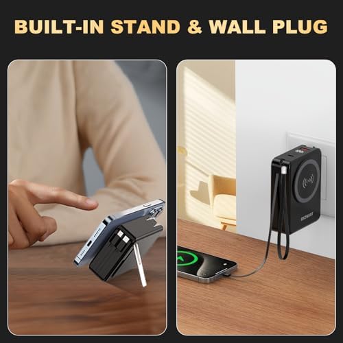 10000 m Ah Mag Safe-Compatible Portable Charger Power Bank – 22.5 W Fast Charging Travel Essential with Built-in USB-C & Lightning Cables – 5-in-1 Wireless Charging Solution for i Phone, Android, and Samsung Devices