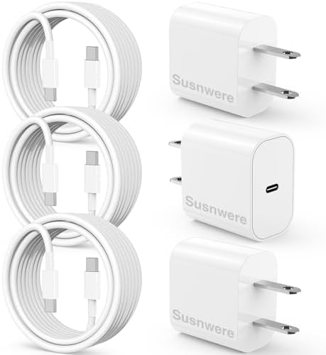 Ultimate 20 W Fast Charging Solution: 10 Ft i Phone 15 Charger with 3 Durable USB-C Cables & Dual Wall Adapters – Compatible with i Phone 15/15 Pro/Pro Max, i Pad Pro, Air Pods, and Samsung Devices for Rapid Power-Up and On-the-Go Convenience