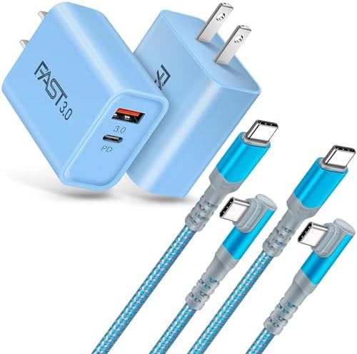 Dual Port Fast Charging Wall Adapter with 10 FT Right-Angle USB C Cable – 20 W USB-C Power Block for i Phone 16/15, Samsung Galaxy S25 Ultra, S24, S23, S10 – Efficient Charging Convenience for Home, Office, and Travel