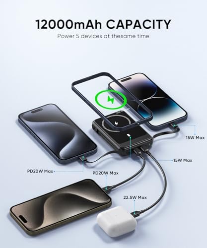 Ultra-Fast Magnetic Power Bank 12000 m Ah for Mag Safe Devices – Wireless Charger with Built-In Cables for i Phone 16 Series, 22.5 W Rapid Charging for On-the-Go Convenience and Seamless Compatibility with i Phone 15/14/13/12 Models – Sleek, Durable Design for Effortless Power Solutions
