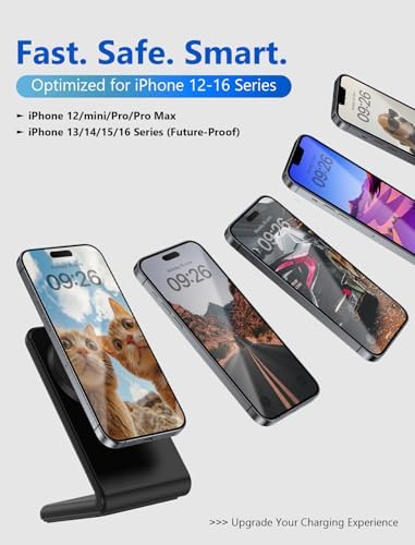 Mag Safe Charger Stand for i Phone 12-16 Series – Fast Magnetic Wireless Charging with Flip & Charge Flexibility – Black – Effortless Compatibility, Enhanced Safety Features, and Durable 1.5 m Braided Cable for Optimal Performance