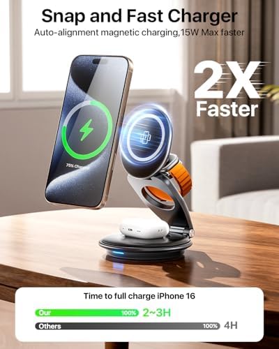 Ultimate 3-in-1 EXW Travel Charging Station for Apple Devices – Magnetic Foldable Wireless Charger for i Phone 16-12 Series, Apple Watch, and Air Pods with 30 W Fast Charger – Sleek Design for Enhanced Portability and Efficiency