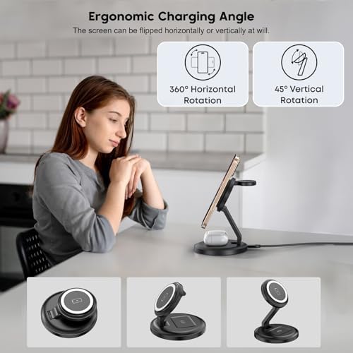 Ultimate 3-in-1 Magnetic Wireless Charging Station for Apple Devices – Foldable Design with Enhanced Magnetic Alignment for i Phone 16/15/14/13/12, Apple Watch Series 9/8/7/6/SE, and Air Pods Pro/2/3/4 – Fast Charging with 20 W PD Adapter and USB-C Cable Included – Travel-Friendly, Compact, and Efficient Power Solution for All Your Apple Gear – Experience Seamless Charging with Superior Stability and Optimized Viewing Angles, Perfect for Home, Office, or On-the-Go Use – Elevate Your Charging Experience Today!