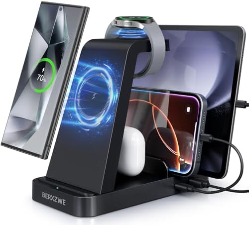 Sleek Pink 5-in-1 Wireless Charging Station for Samsung Devices – Fast Charge Your Galaxy Watch Ultra 7 6 5 4 3, Galaxy S25 S24 Ultra S23 S22 S21, Note 20 10, Z Fold & Buds – Ultimate Convenience and Style for Home or Office Use