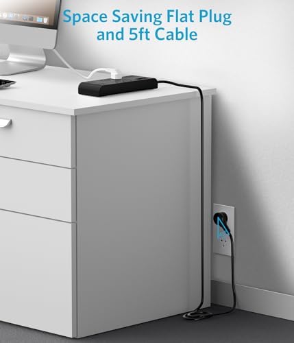 BESTEK 8-Outlet Power Strip with 5-Foot Extension Cord: Multi-Port USB Charging Hub Featuring 3 USB-A (2.4 A) & 1 USB-C (3 A) | 1625 W Max Output with 600 Joule Surge Protection for Enhanced Device Safety | Ultra-Compact Design for Home & Office Efficiency