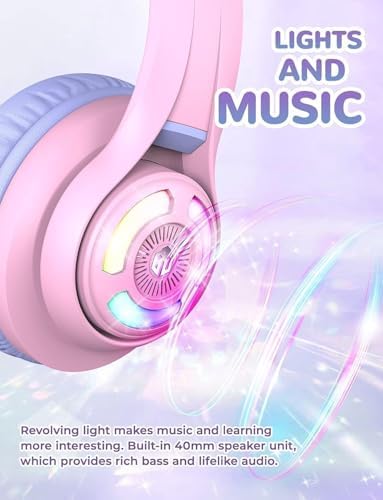 Magical Cat Ear Bluetooth Headphones for Kids – Mesmerizing Gradient Pink with LED Glow, 50-Hour Battery Life, Safe 74/85 d BA Volume Limiting, Superior Bluetooth 5.2 Connectivity & Rapid USB-C Charging for Ultimate Travel Convenience and Enjoyment