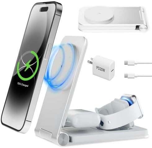 Sleek Foldable Aluminum Alloy 3-in-1 Magnetic Wireless Charger – Ultimate Travel and Home Charging Station for Apple Devices (i Phone 12-16, Smart Watch, Air Pods) with Fast Charging Adapter – Stylish and Portable Power Solution