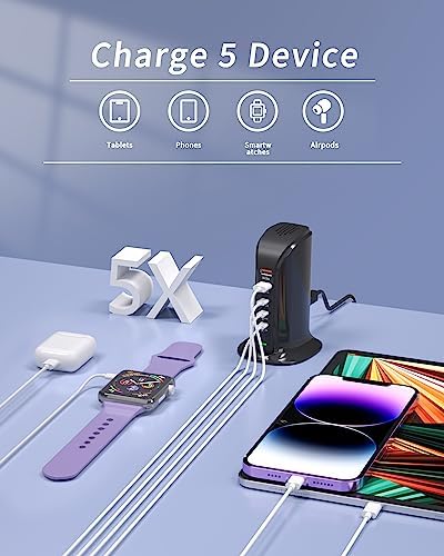 High-Speed USB C Charging Station – 55 W Multiport Tower Charger for 5 Devices, Smart Power Management, Ideal for i Phone, i Pad, Samsung & More – Portable Travel Essential with Safety Features