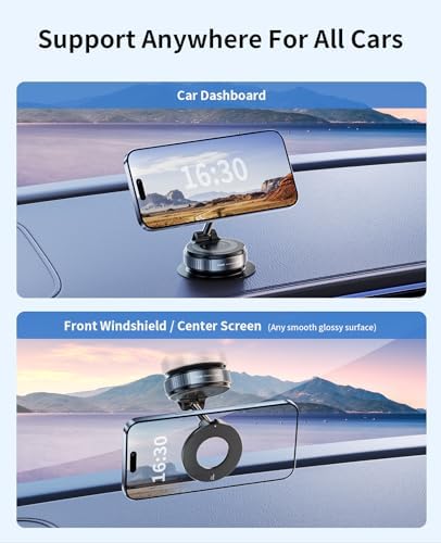 Suction Cup Phone Mount,Vacuum Magnetic Phone Holder for Car,360 Adjustable Vacuum Magnetic Phone Holder,Magnet Car Mount for All Smartphones & All Vehicle & Gym/Bathroom Mirror – Enhanced Compatibility and Speed