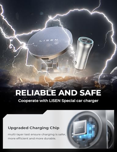 LISEN Mag Safe Car Mount Charger – Upgraded 360° Rotating Wireless Phone Holder for i Phone 16 Pro Max, 15, 14, 13, 12 & Samsung Devices with Mag Safe Cases – Fast Charging, Foldable Design for Effortless Storage and Enhanced Accessibility