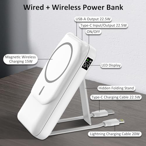 Gladgogo 10000 m Ah Wireless Magnetic Power Bank – Slim, Fast Charging Portable Charger for i Phone 15/14/13/12 Series with Built-In Cable, LED Display, and Integrated Stand – Ultimate On-The-Go Power Solution in Elegant White