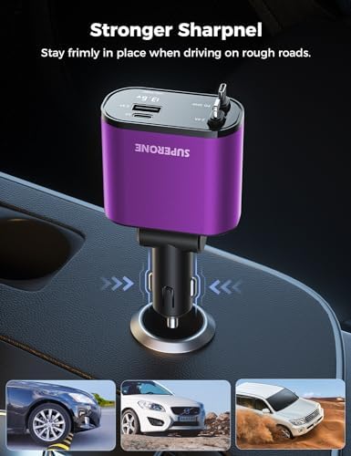 Introducing the SUPERONE 4-in-1 Retractable Fast Car Charger: Ultimate On-the-Go Charging Solution for i Phone, Galaxy & Pixel Devices – Featuring 2.6 ft Tangle-Free Cord, Enhanced USB C & Apple Compatibility, and Sleek Design for Effortless Portability. Experience lightning-fast charging to keep your devices powered during road trips or daily commutes, ensuring you’re always connected. This innovative retractable charger is engineered for maximum efficiency, accommodating a wide range of smartphones including i Phone 16, 15/15 Pro Max, 14, 13, 12, 11 and popular Galaxy and Pixel models. With its compact construction and high-quality materials, this charger not only enhances your charging experience but also withstands everyday wear and tear. Elevate your mobile charging with the SUPERONE car charger – where convenience meets cutting-edge technology for busy professionals and families on the move.