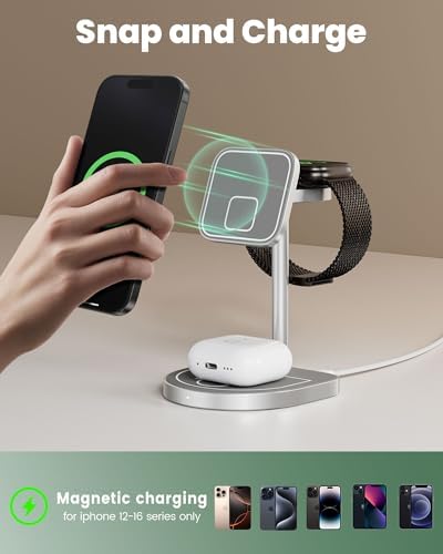 Innovative 3-Point Power 3-in-1 Charging Station for Apple Devices – Sleek Aluminum Alloy Magnetic Wireless Charger Stand with Mini Basketball & Hoop, Perfect for i Phone 16/15/14/13/12, 5 W Apple Watch & Air Pods Charging, Compact Black Design for Enhanced Speed and Style