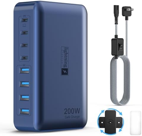 Transform Your Charging Routine with the 200 W 8-Port Fast Charging Hub – Multi-Device USB Station Featuring 65 W Laptop Adapter, Space-Saving Flat Plug, Durable Braided Cable, and User-Friendly On/Off Power Control for Optimal Performance and Safety