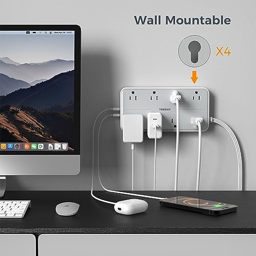 TESSAN 8-Outlet Surge Protector Power Strip with 3 USB Ports (1 USB-C) – 1080 Joules of Safety, Wall-Mountable Extension Cord for Home, Office, and Dorm – Ultimate Charging Hub for Multiple Devices and Enhanced Protection