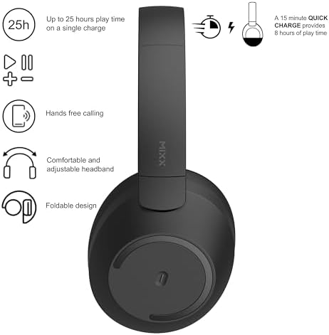 Discover Premium Sound with MIXX Stream Q C2 Over-Ear Wireless Headphones – Enjoy 25-Hour Battery Life, Effortless Bluetooth Connectivity, and Ergonomic Foldable Design for On-the-Go Listening, All Wrapped in a Chic Black Finish