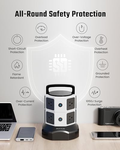 JACKYLED Power Strip Tower Surge Protector with 12 Outlets and 6 USB Ports (2 USB-C) – High-Speed Charging Station with 1050 Joules Protection, 1625 Watts, 6.5 ft Extension Cord for Enhanced Home Office Efficiency and Device Safety