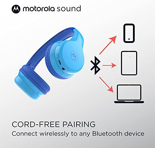 Motorola JR300 Bluetooth Toddler Headphones – Safe 85 d B Volume-Limited Over-Ear Headset with Built-in Microphone and Audio Splitter – Comfortable, Stylish Blue Headphones for Learning and Play at Home or School